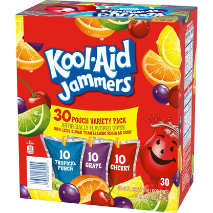 Kool-Aid Jammers Tropical Punch (Grape & Cherry Artificially Flavored Kids Soft Drink Variety Pack, 30 ct Box, 6 fl oz Pouches)