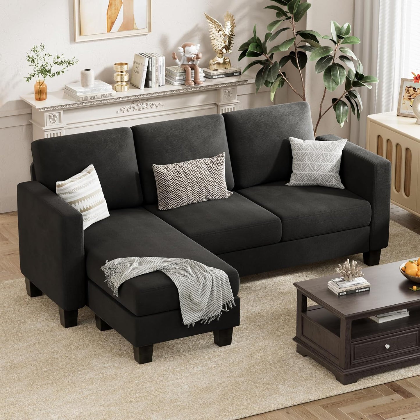 VICTONE Sectional Sofa Couch 3 seat L-Shaped Sectional Sofa with Linen Fabric Ottoman Small Couch for Small Apartments, Living Rooms and Offices (Declare, Deep Grey)