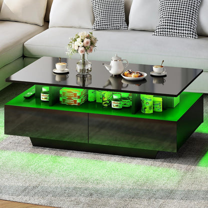 YITAHOME LED Coffee Table with Storage, High Glossy LED Coffee Tables for Living Room, Small Center Table with Open Display Shelf & Sliding Drawers, Black