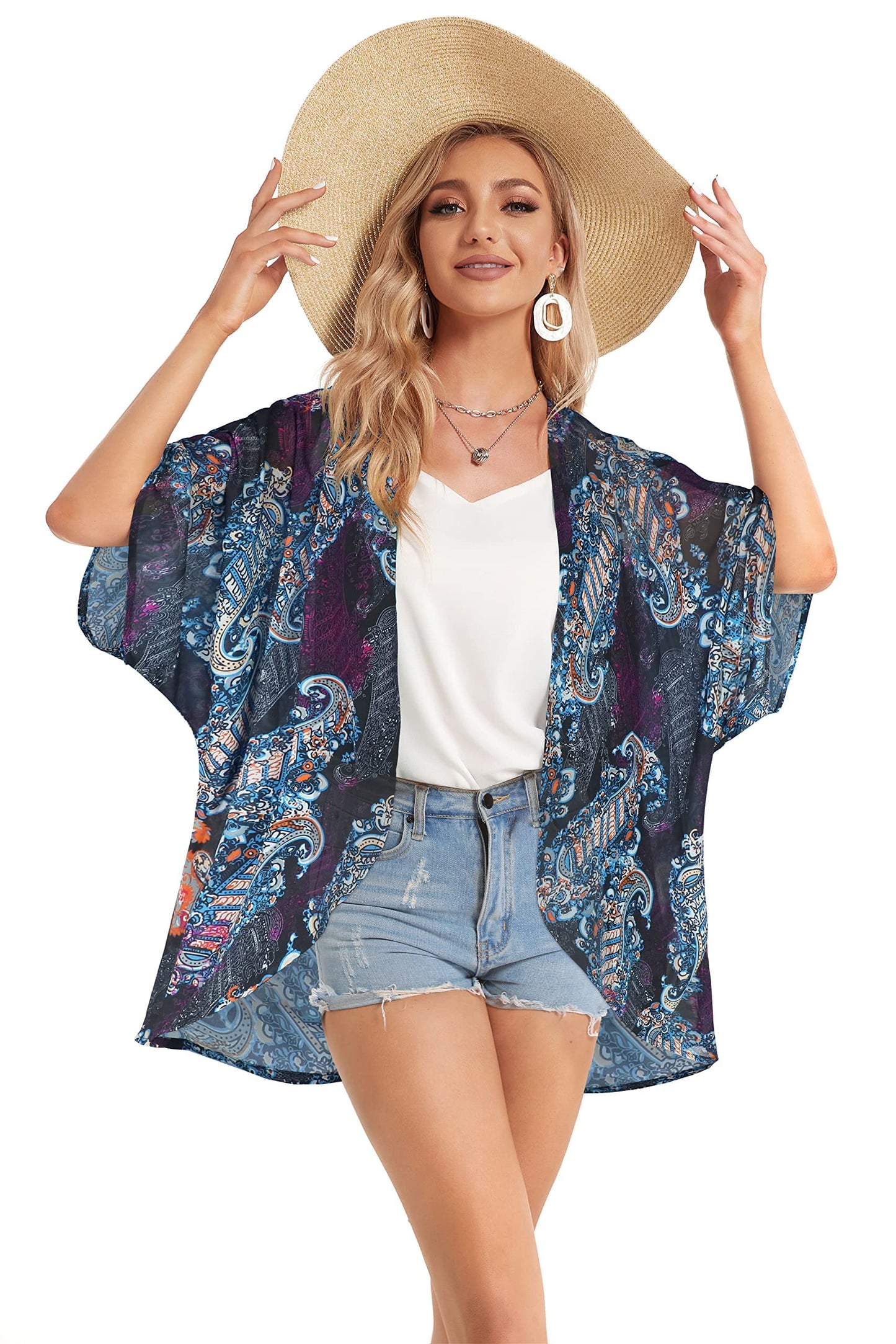 Women's Floral Print Puff Sleeve Kimono Cardigan Loose Cover Up Casual Blouse Tops