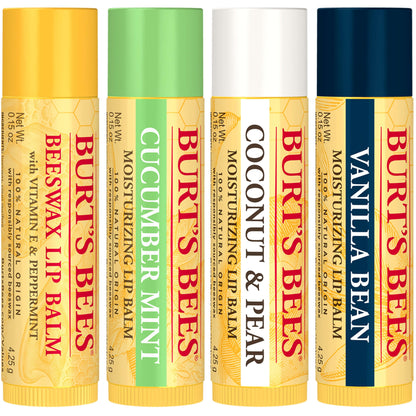 Burt's Bees Lip Balm - Pink Grapefruit, Mango, Coconut & Pear, and Pomegranate Pack, Lip Moisturizer With Beeswax, Tint-Free, Natural Origin Conditioning Lip Treatment, 4 Tubes, 0.15 oz.