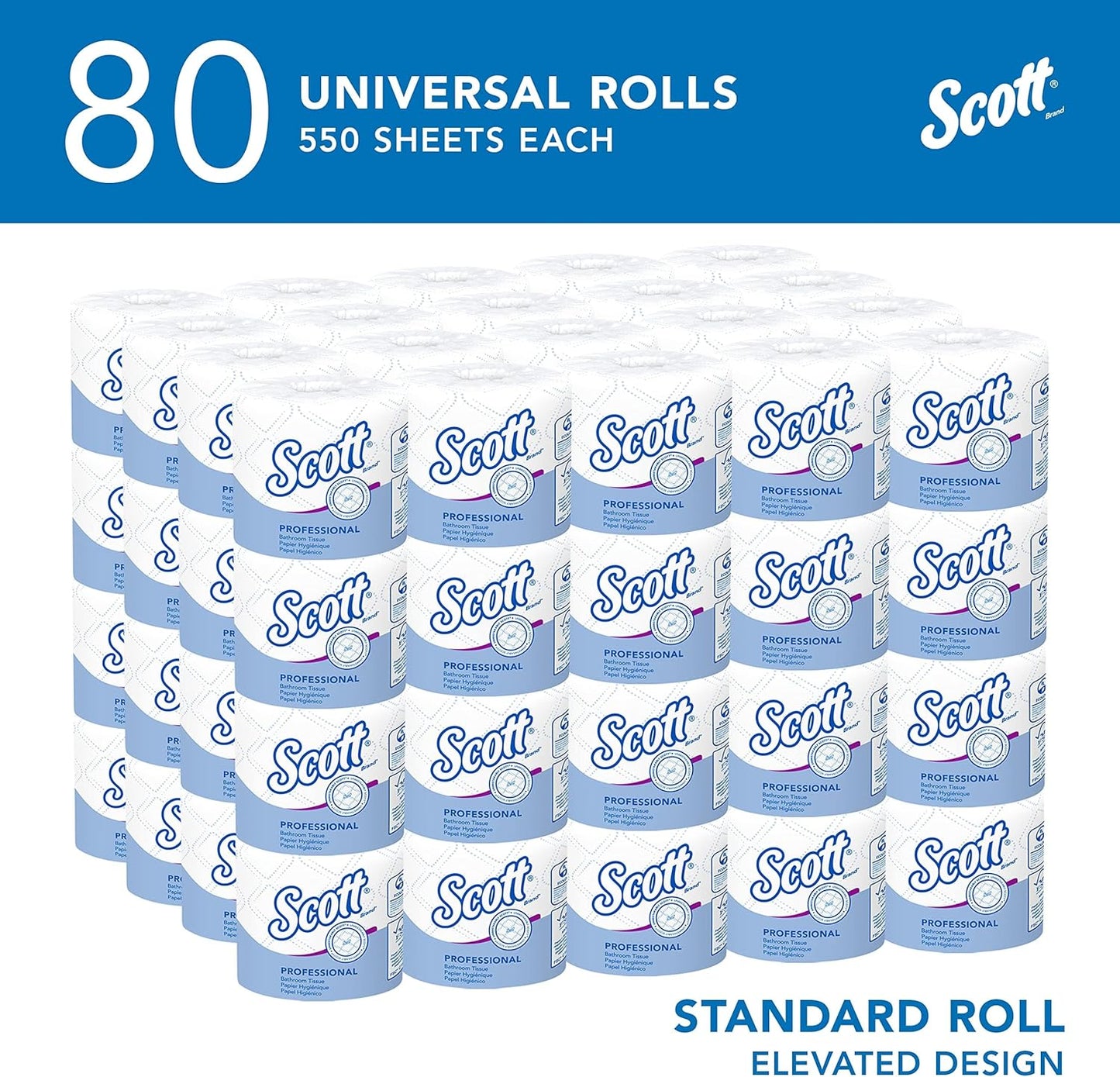 Scott Professional Standard Roll Toilet Paper (04460), with Elevated Design, 2-Ply, White, Individually wrapped, (550 Sheets/Roll, 80 Rolls/Case, 44,000 Sheets/Case)