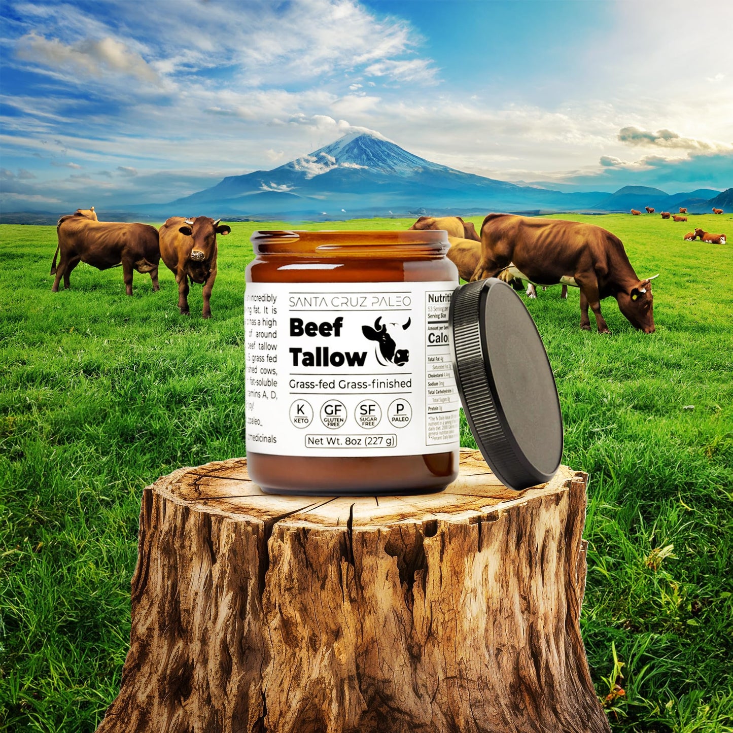 Santa Cruz Paleo Beef Tallow, 100% Grass Fed and Grass Finished, Gluten Free, Keto, Sugar Free, Paleo, With Bioavailable Vitamins B1, A, D E, and K, and Fatty Acids, 8 Oz Jar