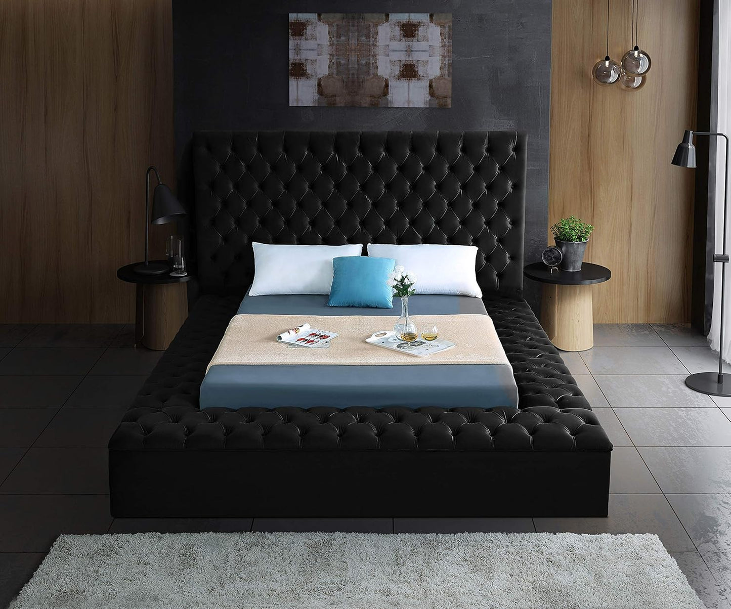 Meridian Furniture Bliss Collection Modern | Contemporary Velvet Upholstered Bed with Deep Button Tufting and Storage Compartments in Rails and Footboard, Black, King