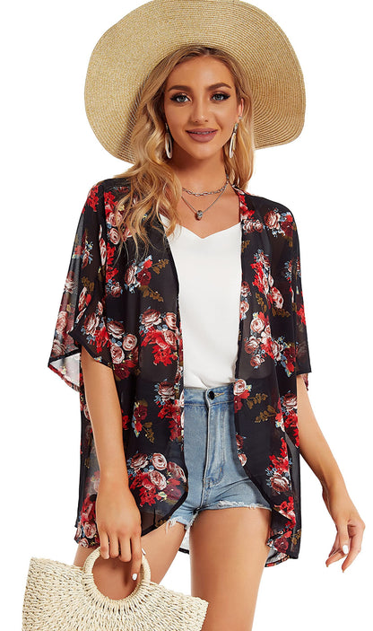 Women's Floral Print Puff Sleeve Kimono Cardigan Loose Cover Up Casual Blouse Tops