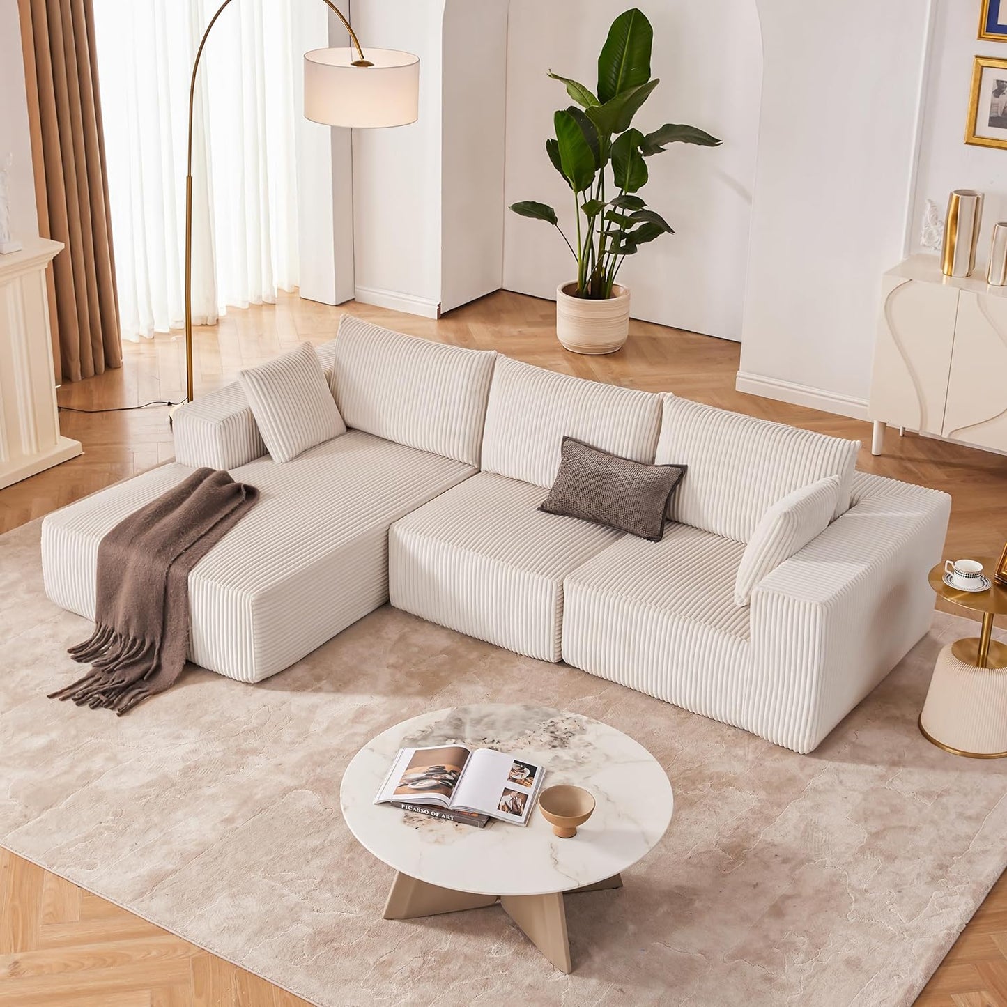 108” Modular Sectional Sofa, Sponge Sectional Sofa Couch for Living Room, Modular L-Shape Sofa Couch with Chaise, Beige