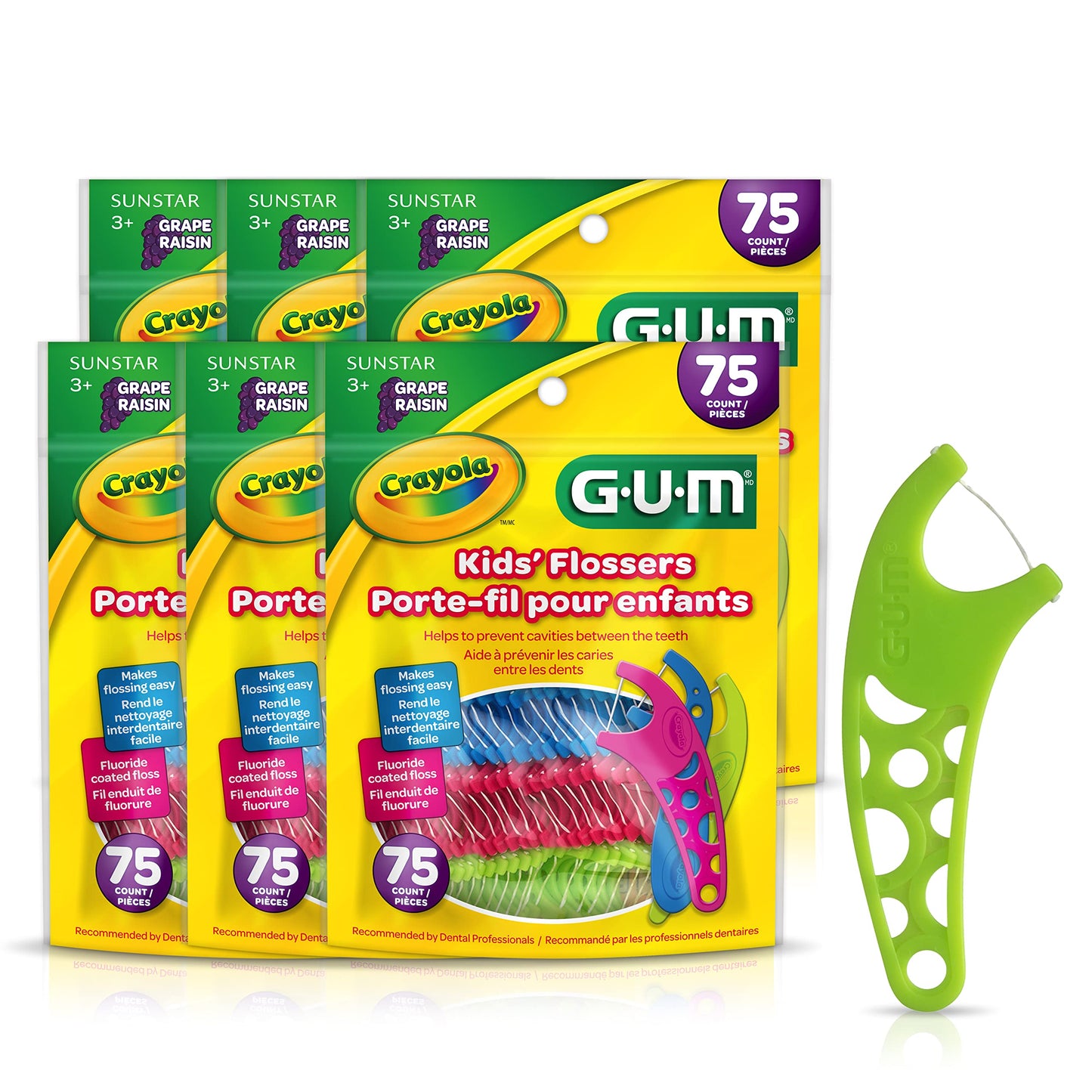 GUM Crayola Kids Flossers with Fluoride - Designed for Little Hands - Fun Grape Flavor - Easy to Use Kids Floss Picks for Children Ages 3+, 75 ct