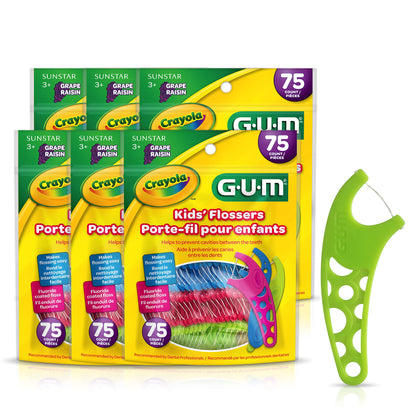 GUM Crayola Kids Flossers with Fluoride - Designed for Little Hands - Fun Grape Flavor - Easy to Use Kids Floss Picks for Children Ages 3+, 75 ct