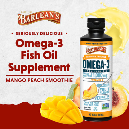 Barlean's Mango Peach Omega 3 Fish Oil Liquid Supplement with Vitamin D, 1080mg EPA & DHA Fatty Acid, Smoothie Flavored & Burpless for Brain, Joint, & Heart Health, 16 oz