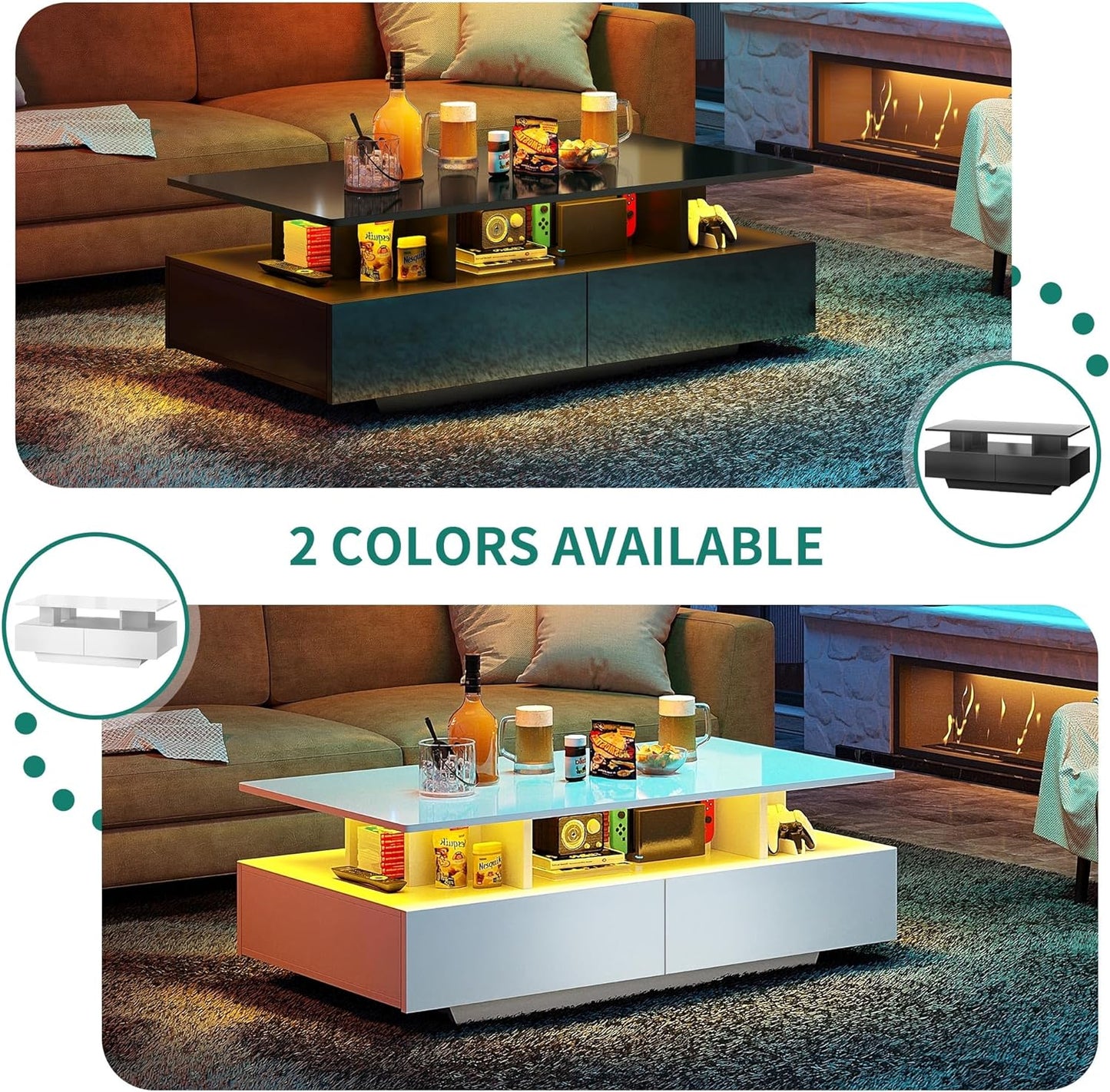 YITAHOME LED Coffee Table with Storage, High Glossy LED Coffee Tables for Living Room, Small Center Table with Open Display Shelf & Sliding Drawers, Black