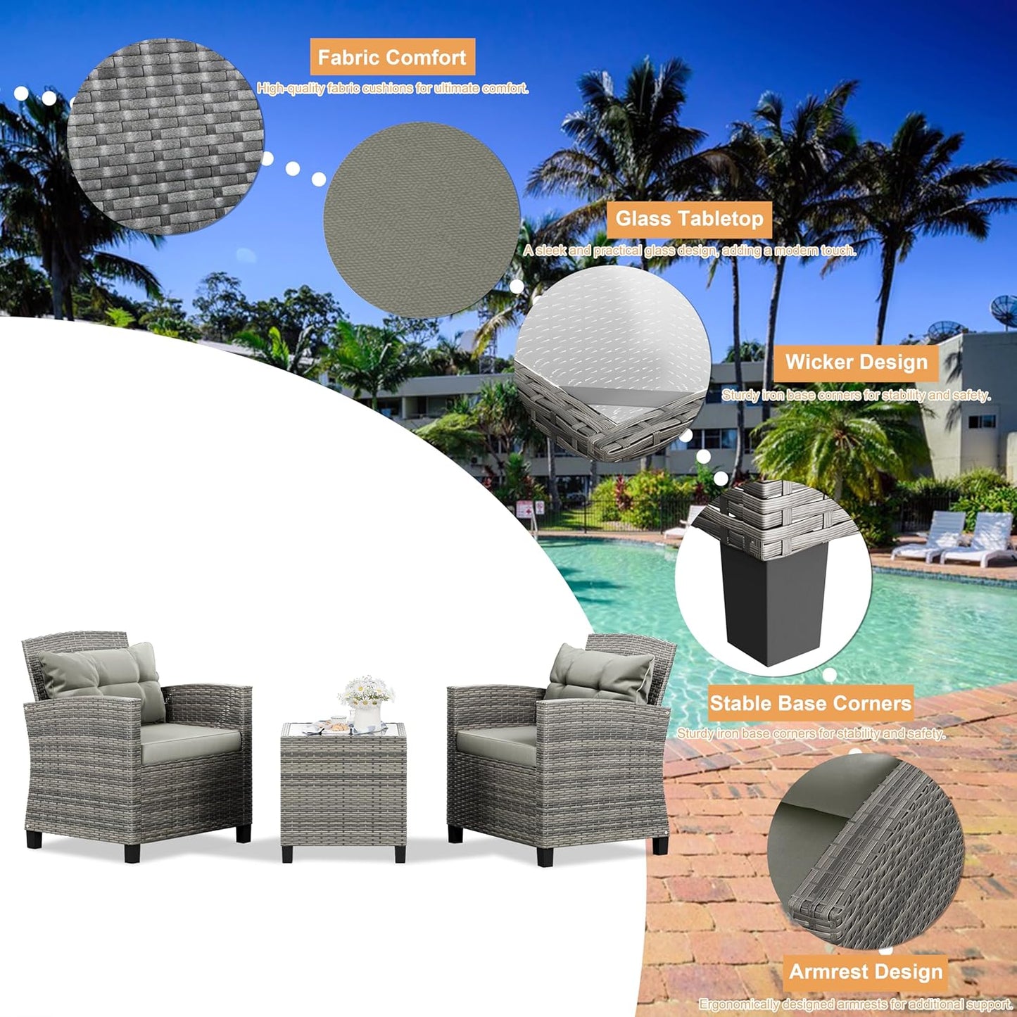 Shintenchi 3 Pieces Patio Furniture Set 3 Pieces PE Rattan Wicker Chairs with Table Outdoor Furniture for Backyard/Garden/Poolside/Outdoor Restaurant Gary Rattan with Gary Cushion