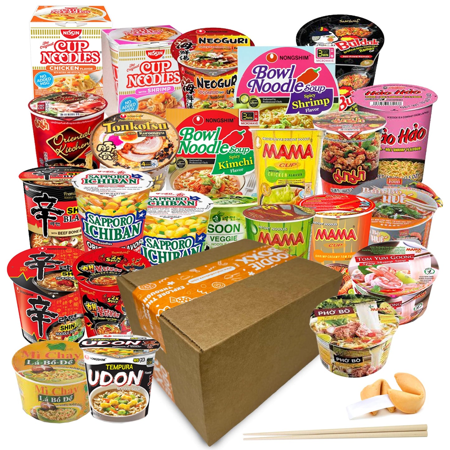 FOODIE BOXX Asian Instant Ramen Noodles Variety Pack with Cookies & Chopsticks (Dry)