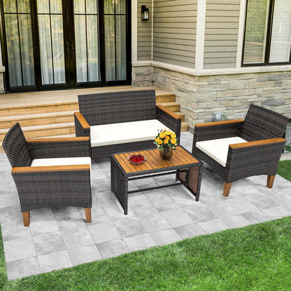 YITAHOME 4-Piece Patio Bistro Set, All-Weather Outdoor Patio Furniture Rattan Wicker Loveseat Conversation Set with Wooden Armrests, Curved Backrest, Glass Side Table, and Soft Cushions - Light Brown