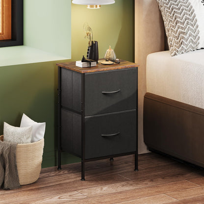 WLIVE Black Nightstand, Small Dresser for Bedroom with 2 Fabric Drawer, Bed Side Table with Drawers, End Table Bedside Furniture, Sturdy Steel Frame, Wood Top, Closet Organizer, College Dorm