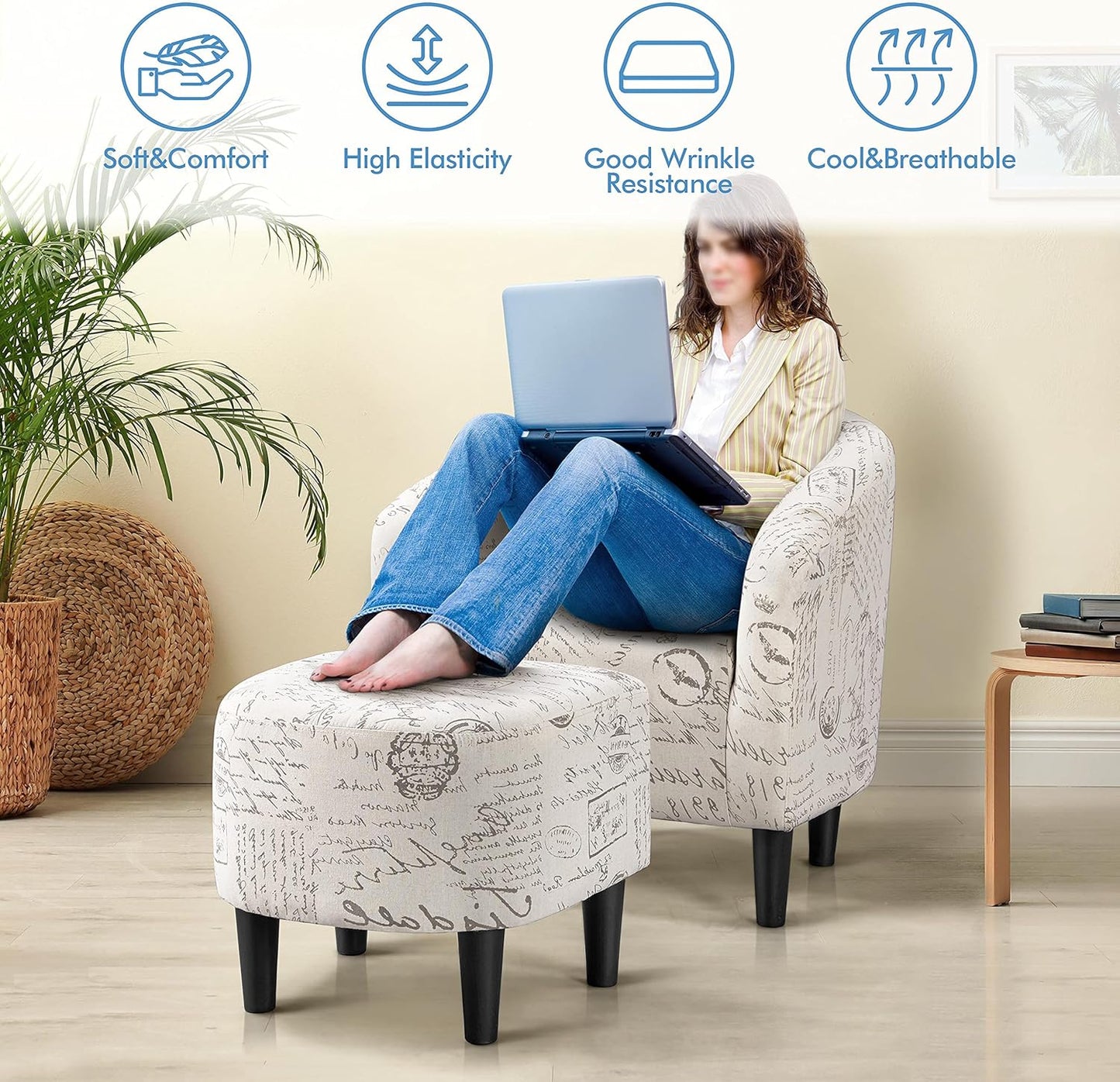 Yaheetech Modren Club Chair with Ottoman, Fabric Accent Armchair with Footstool, Upholstered Barrel Chair and Footrest for Living Room Bedroom Guestroom, Letter Print