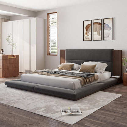 Merax Floor Upholstered Platform Bed with Extended Wood Headboard & Bedside Shelf,No Box Spring Needed,King Size,Gray