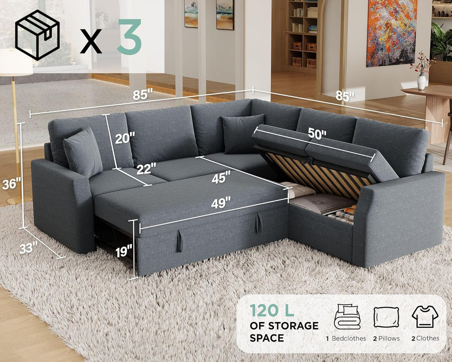 Jocisland Sofa Bed, 85 Inch Sleeper Sofa with Pull Out Bed & Storage Seat, Oversized L Shape Sectional Sofa for Living Room Apartment, Grey Linen Reversible Couch