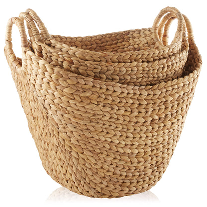 Casafield Set of 3 Multipurpose Boat Baskets with Handles - Natural, Woven Water Hyacinth Storage Organizers for Throw Blankets, Bedroom, Living Room, Laundry