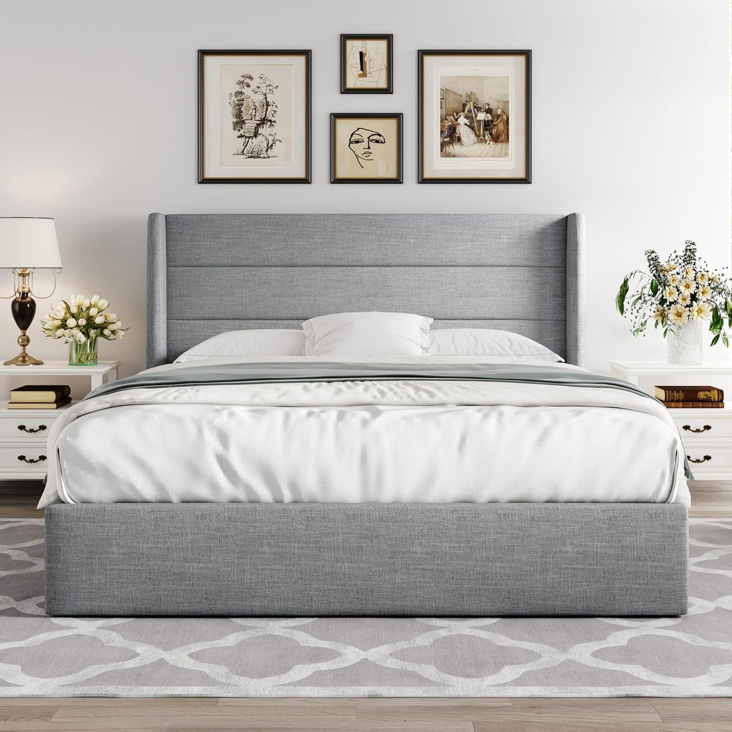 Allewie Queen Size Lift Up Storage Bed, Modern Wingback Headboard, No Box Spring Needed, Hydraulic Storage, Light Grey