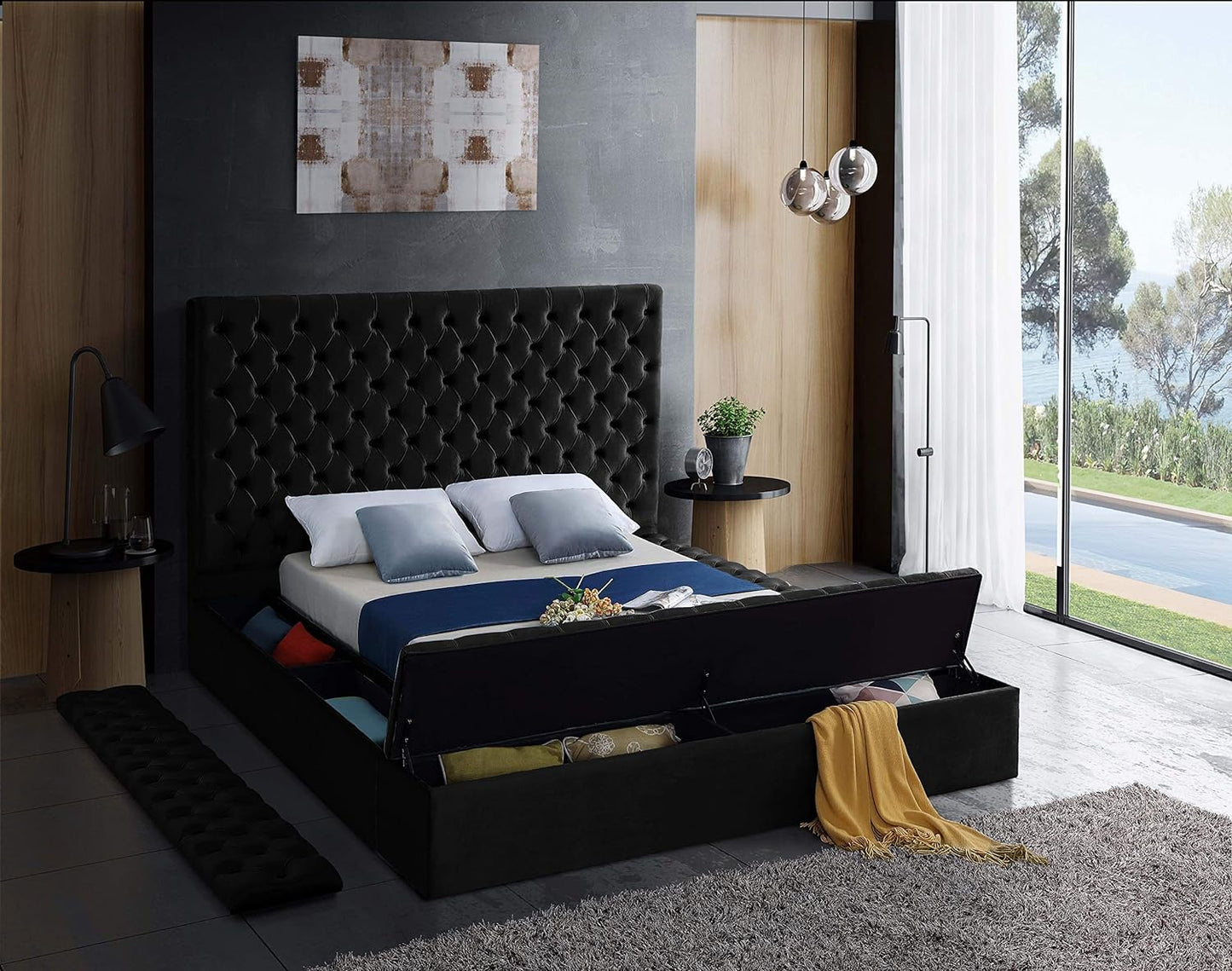 Meridian Furniture Bliss Collection Modern | Contemporary Velvet Upholstered Bed with Deep Button Tufting and Storage Compartments in Rails and Footboard, Black, King