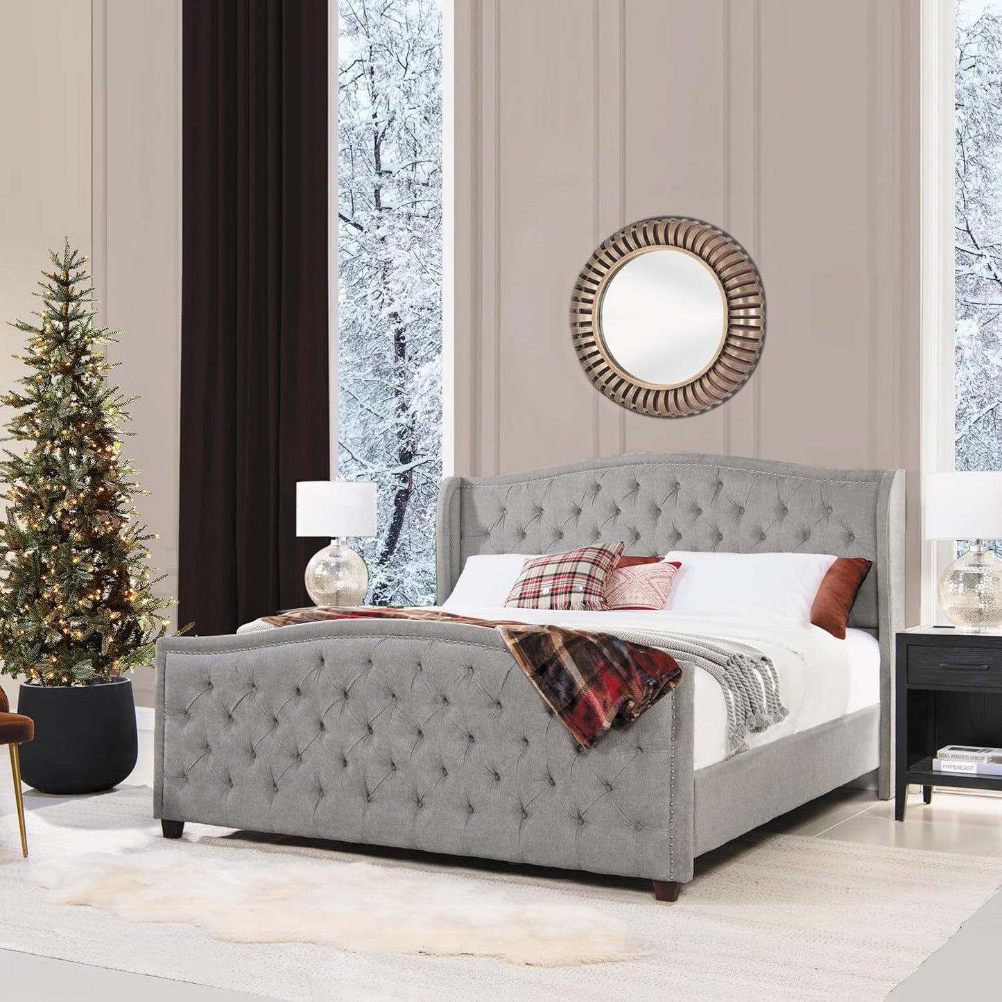 Jennifer Taylor Home Marcella Upholstered Shelter Headboard Bed Set, King, Silver Grey Polyester