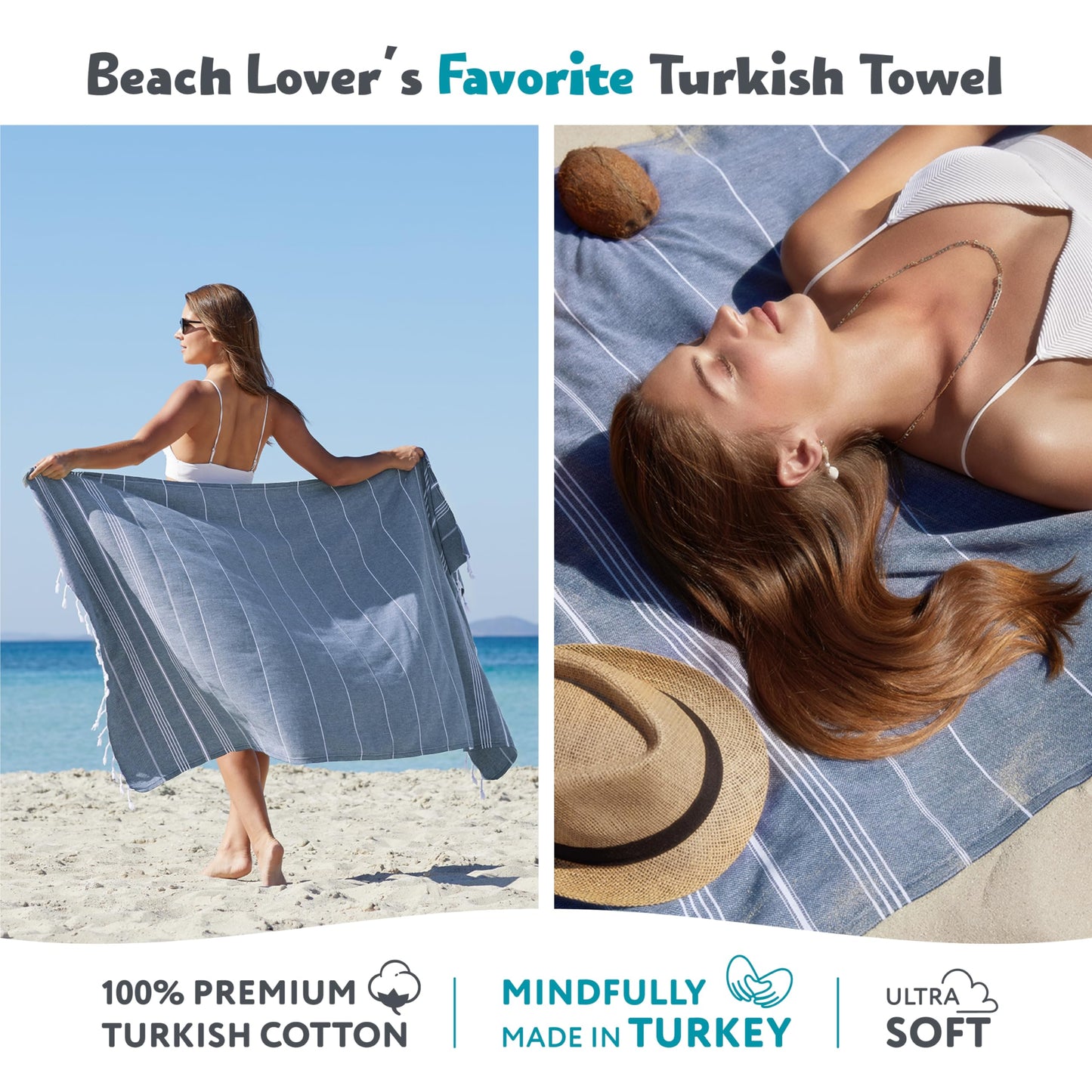 WETCAT Turkish Beach Towel Oversized 38x71 100% Cotton Sand Free Quick Dry Extra Large Light Travel Towel for Adults Beach Accessories Gifts (Blue, Beach Towel (38" x 71"))