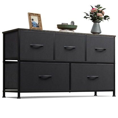 WLIVE Dresser for Bedroom with 5 Drawers, Wide Chest of Drawers, Fabric Dresser, Storage Organizer Unit with Fabric Bins for Closet, Living Room, Hallway, Rustic Brown Wood Grain Print