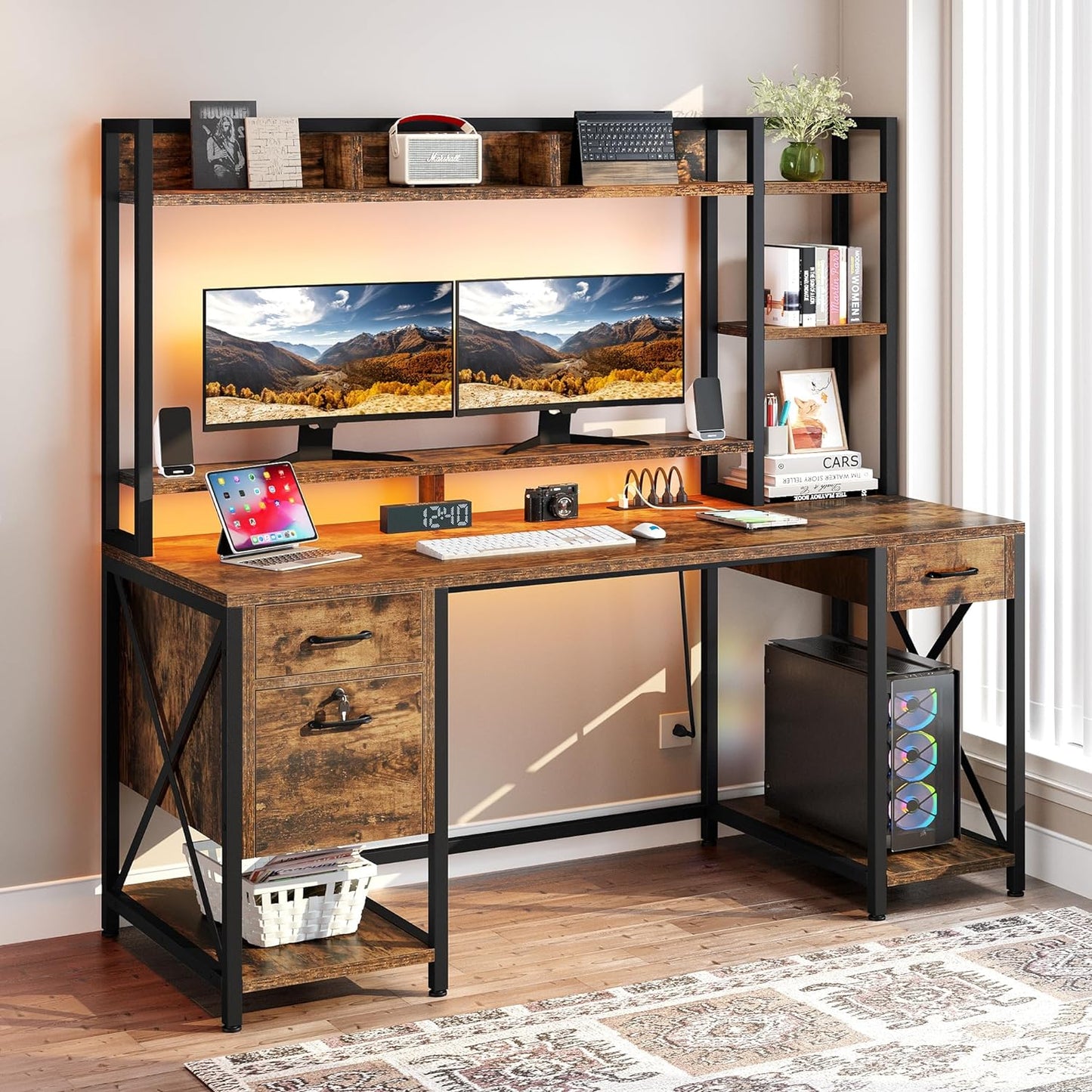 YITAHOME Computer Desk with Drawers & Power Outlets, File Drawers with Lock, 59" Home Office Desk with Storage Shelves & Monitor Stand, Gaming Desk with LED Lights & Hutch, Rustic Brown