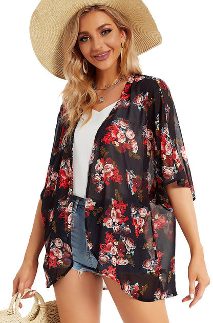 Women's Floral Print Puff Sleeve Kimono Cardigan Loose Cover Up Casual Blouse Tops