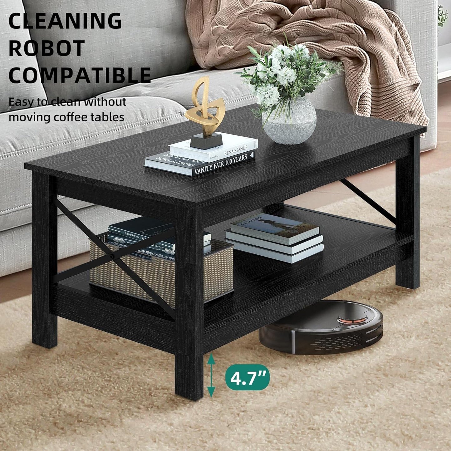 YITAHOME Coffee Table for Living Room,Modern Farmhouse Coffee Table with Storage,2-Tier Center Table for Living Room Wood Living Room Table Accent Cocktail with Sturdy Frame,Black