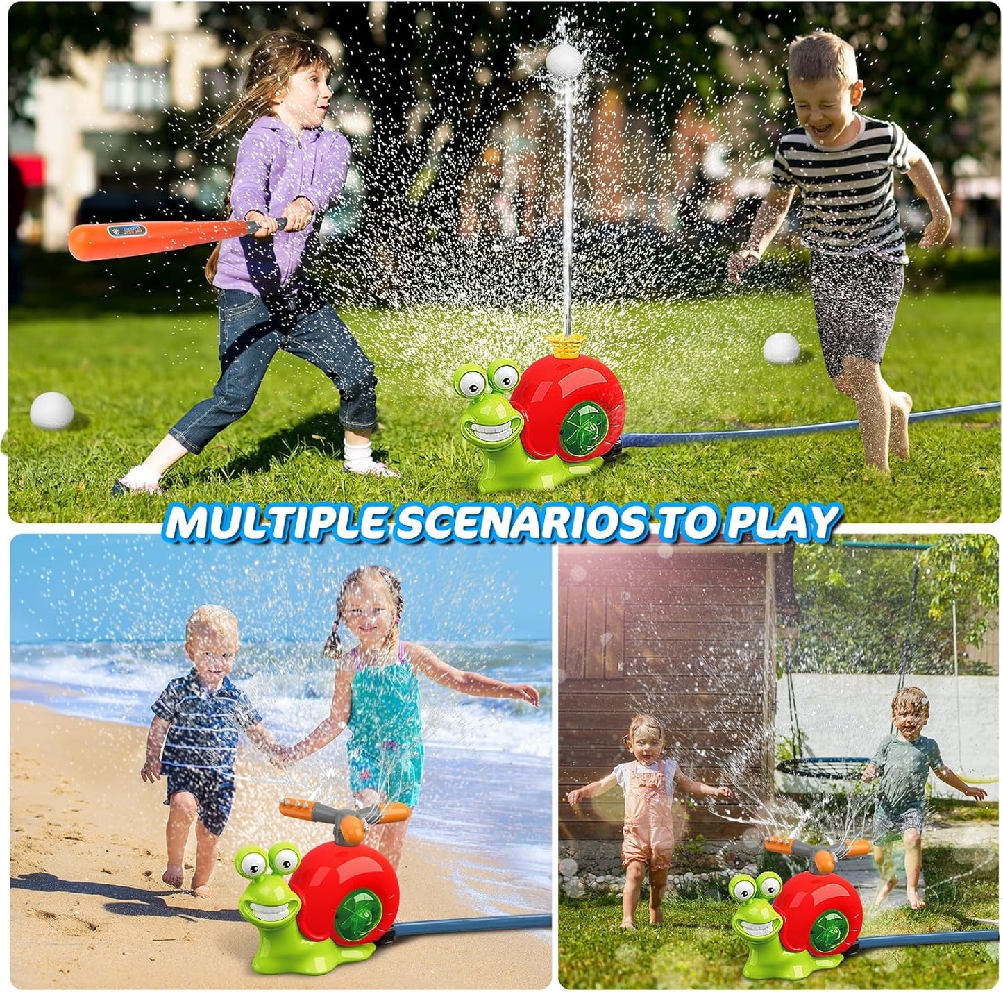 Water Sprinkler Baseball Toy - 2 in 1 Snail Water Baseball Water Wiffle Ball Game, Kids Outside Water Toy with 2 Sprinkler Heads, 360° Roating Spray Fun for Boys Girls Summer Backyard Party Lawn Pool