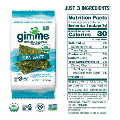 Anita G gimMe Organic, Roasted Seaweed Snack, Sea Salt, 6 pack, 15 Oz