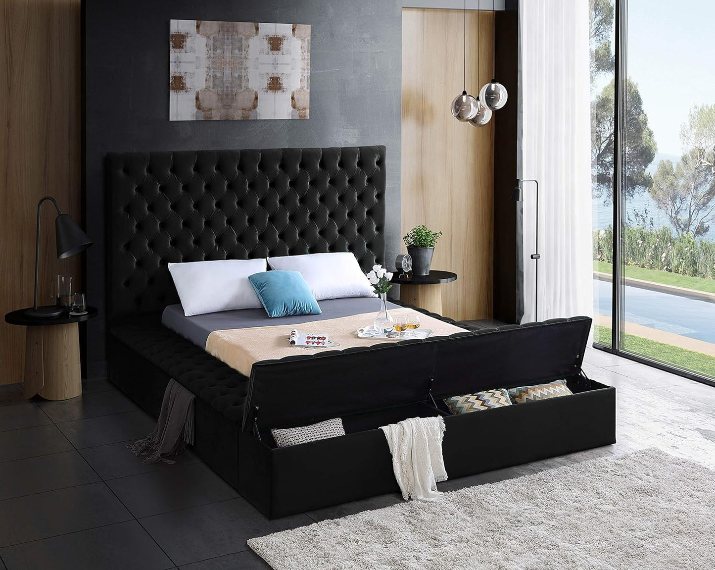 Meridian Furniture Bliss Collection Modern | Contemporary Velvet Upholstered Bed with Deep Button Tufting and Storage Compartments in Rails and Footboard, Black, King