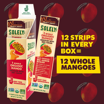 Solely - Organic Mango Fruit Jerky - 12 Individually Wrapped Fruit Strips - Fruit Leather Made from Dried Fruit - Healthy Snacks, Vegan - 0.8oz (23g)