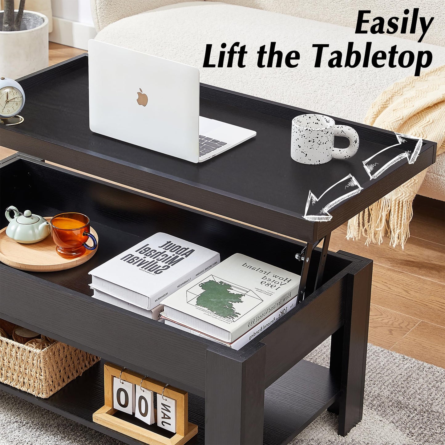 VECELO Lift Top Coffee Table with Storage Shelf and Hidden Compartment for Living Room/Office Reception, Black, Brown