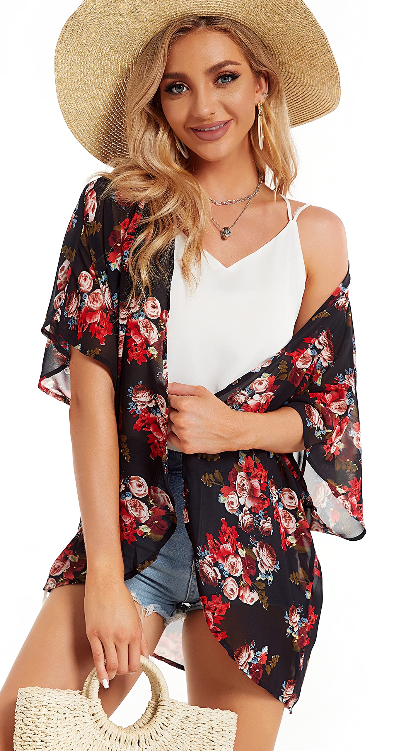 Women's Floral Print Puff Sleeve Kimono Cardigan Loose Cover Up Casual Blouse Tops