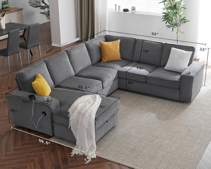 Oversized Sofa, 112 inch U Shaped Sofa with USB Ports, Sectional Sofa Couch with Storage Chaise, Corduroy Grey