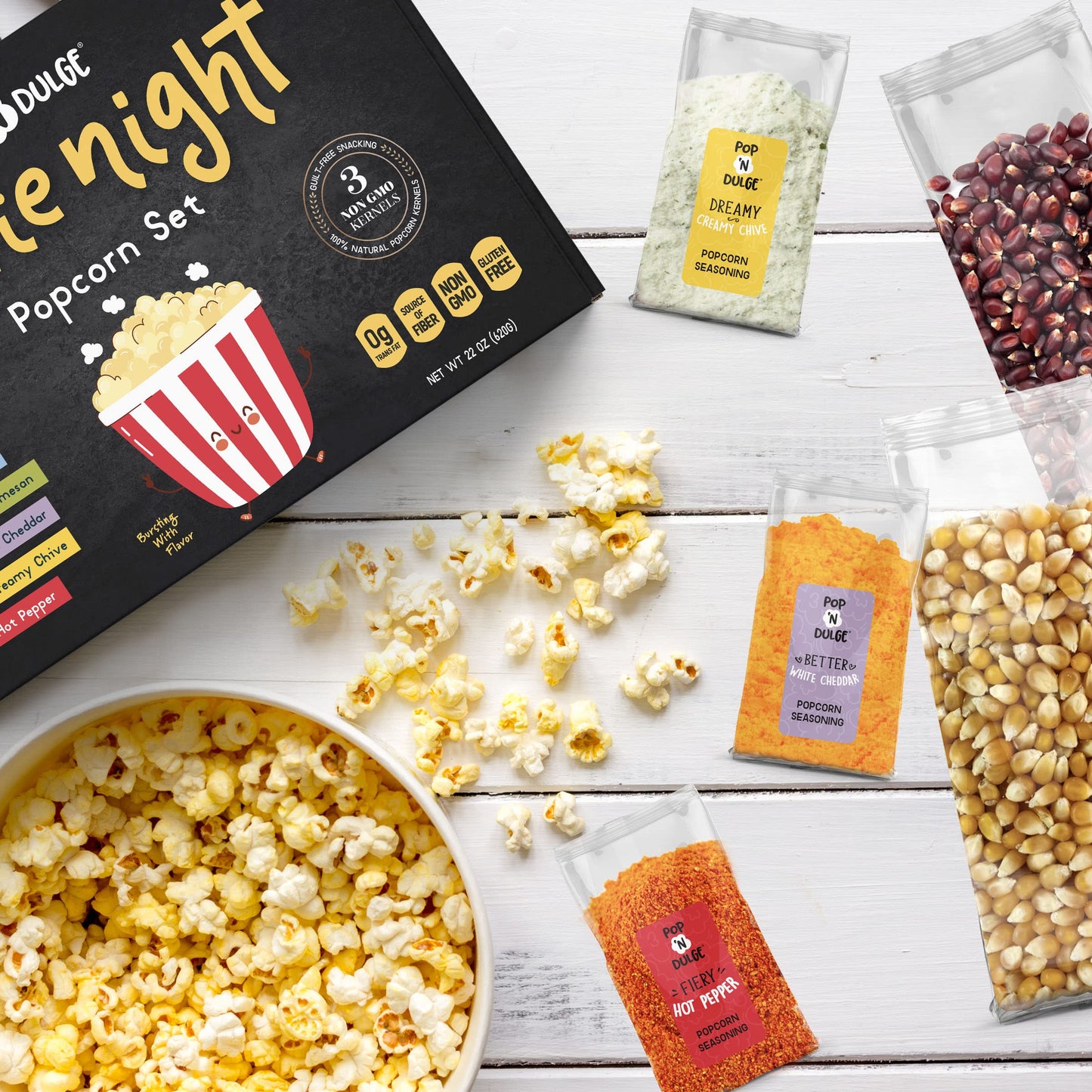 Popcorn Movie Night Supplies Popcorn Kernels Popcorn Seasoning 16 Pack, 5 Gourmet Popcorn Kernels, 5 Popcorn Seasoning Variety Packs Non-GMO Snacks, Includes 6 Bags, Gift Basket Idea