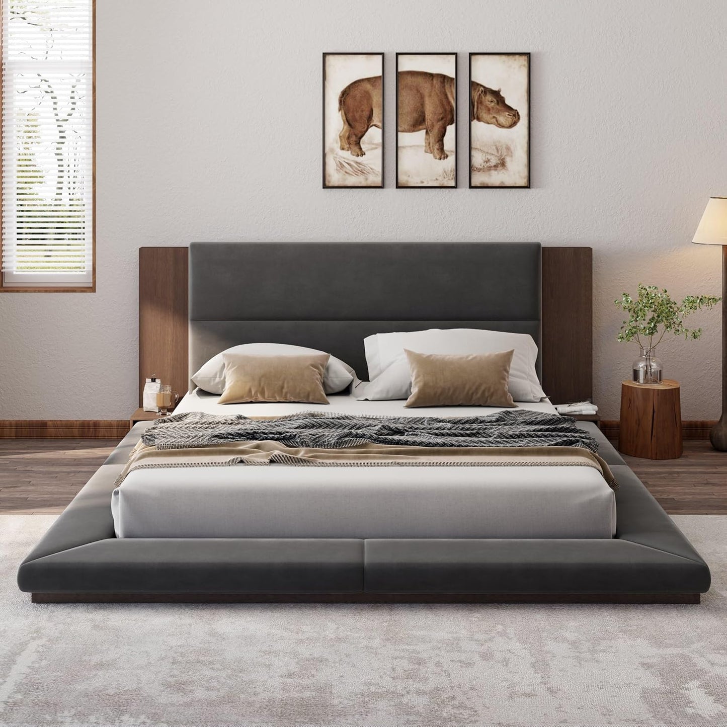 Merax Floor Upholstered Platform Bed with Extended Wood Headboard & Bedside Shelf,No Box Spring Needed,King Size,Gray