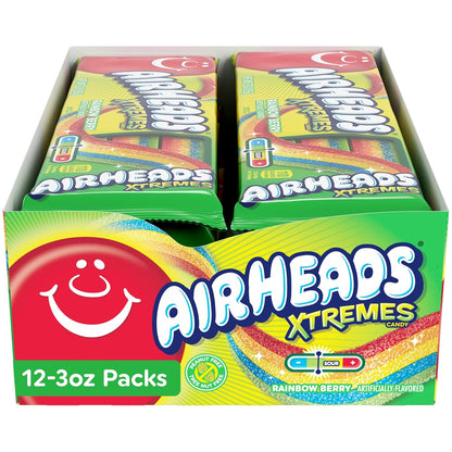 Airheads Xtremes Belts Sweetly Sour Candy Halloween Treat Non Melting Bulk Movie Theater and Party Bag, Rainbow Berry, 36 Ounce, Pack of 12