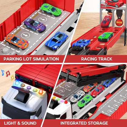 Carrier Truck Race Track Kids Toys, Foldable 3 Layer Car Race Track Playset, Toy Truck Transport Car Carrier & 8 Race Cars, Truck Car Toddlers Toys Xmas Gifts for Age 3 4 5 6+ Years Old Boys Girls