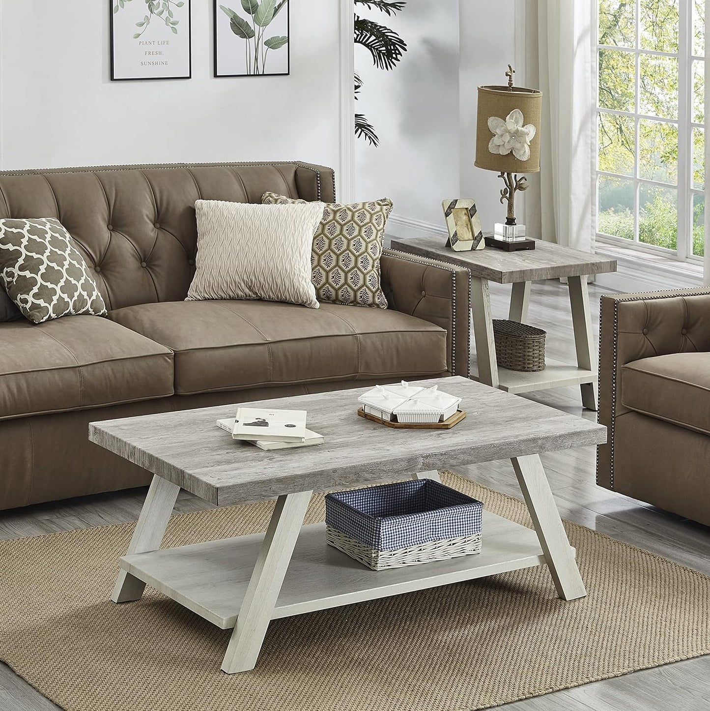 Roundhill Furniture Athens Contemporary 3-Piece Wood Shelf Coffee Table Set, 24D x 48W x 19H in, Gray and Beige