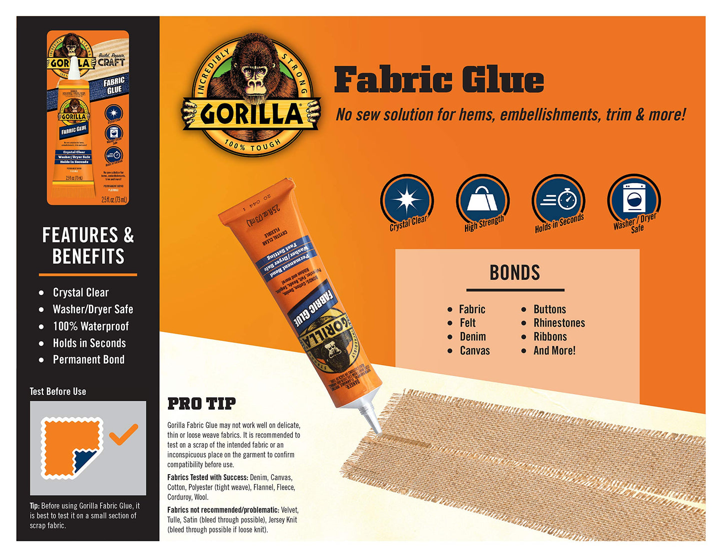 Gorilla Waterproof Fabric Glue 2.5 Ounce Tube, Clear, (Pack of 1)