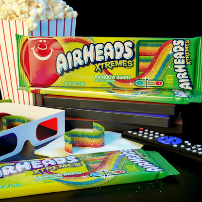 Airheads Xtremes Belts Sweetly Sour Candy Halloween Treat Non Melting Bulk Movie Theater and Party Bag, Rainbow Berry, 36 Ounce, Pack of 12