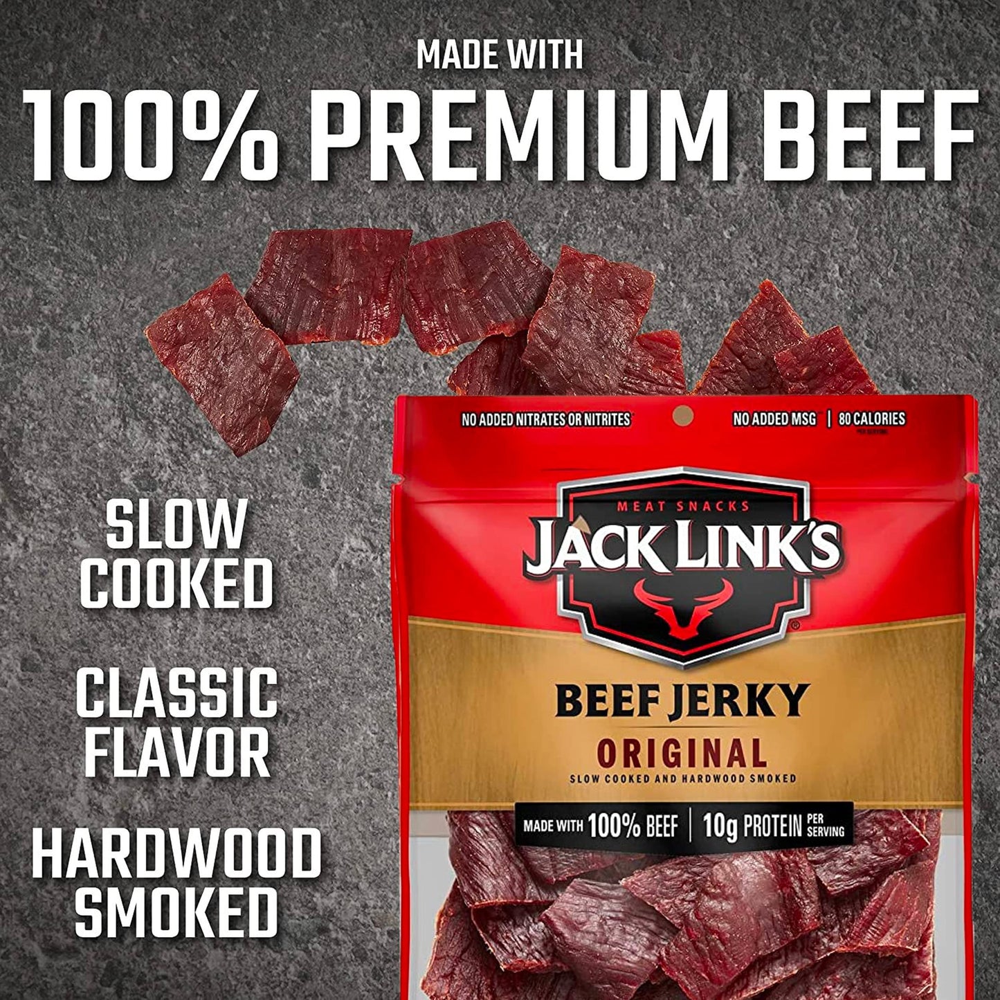 Jack Link's Beef Jerky 5 Count Multipack, Original, 5, 0.625 oz. Bags - Flavorful Meat Snack for Lunches, Ready to Eat - 7g of Protein, Made with 100% Beef - No Added MSG** or Nitrates/Nitrites