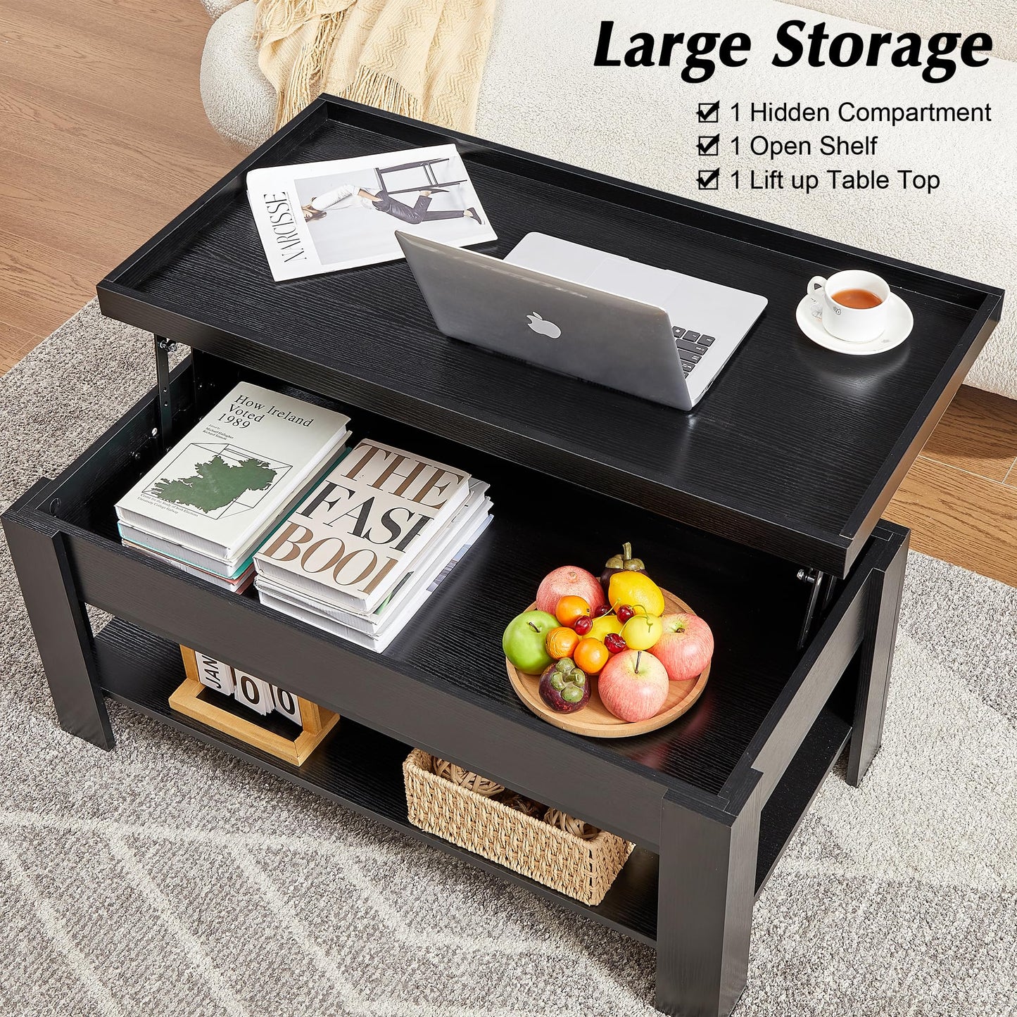 VECELO Lift Top Coffee Table with Storage Shelf and Hidden Compartment for Living Room/Office Reception, Black, Brown