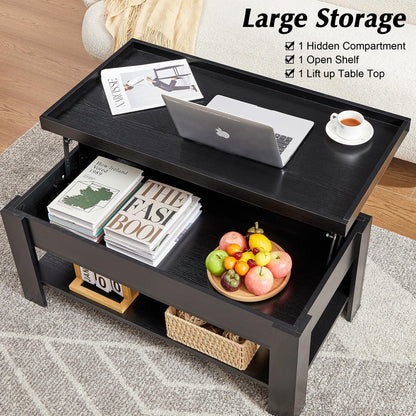 VECELO Lift Top Coffee Table with Storage Shelf and Hidden Compartment for Living Room/Office Reception, Black, Brown