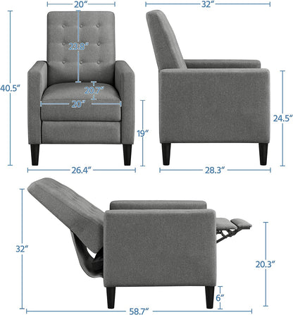 Yaheetech Fabric Recliner Chair Mid-Century Modern Recliner Adjustable Single Recliner Sofa with Thicker Seat Cushion Tufted Upholstered Sofa with Pocket Spring for Living Room Bedroom Gray