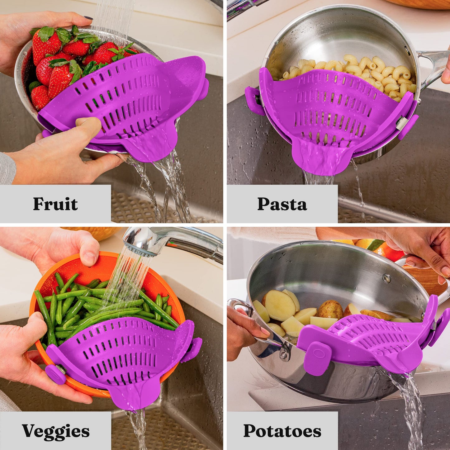 Kitchen Gizmo Snap N' Strain - Silicone Clip-On Colander, Heat Resistant Drainer for Vegetables and Pasta Noodles, Kitchen Gadgets for Bowl, Pots, and Pans - Essential Home Cooking Tools - Grey