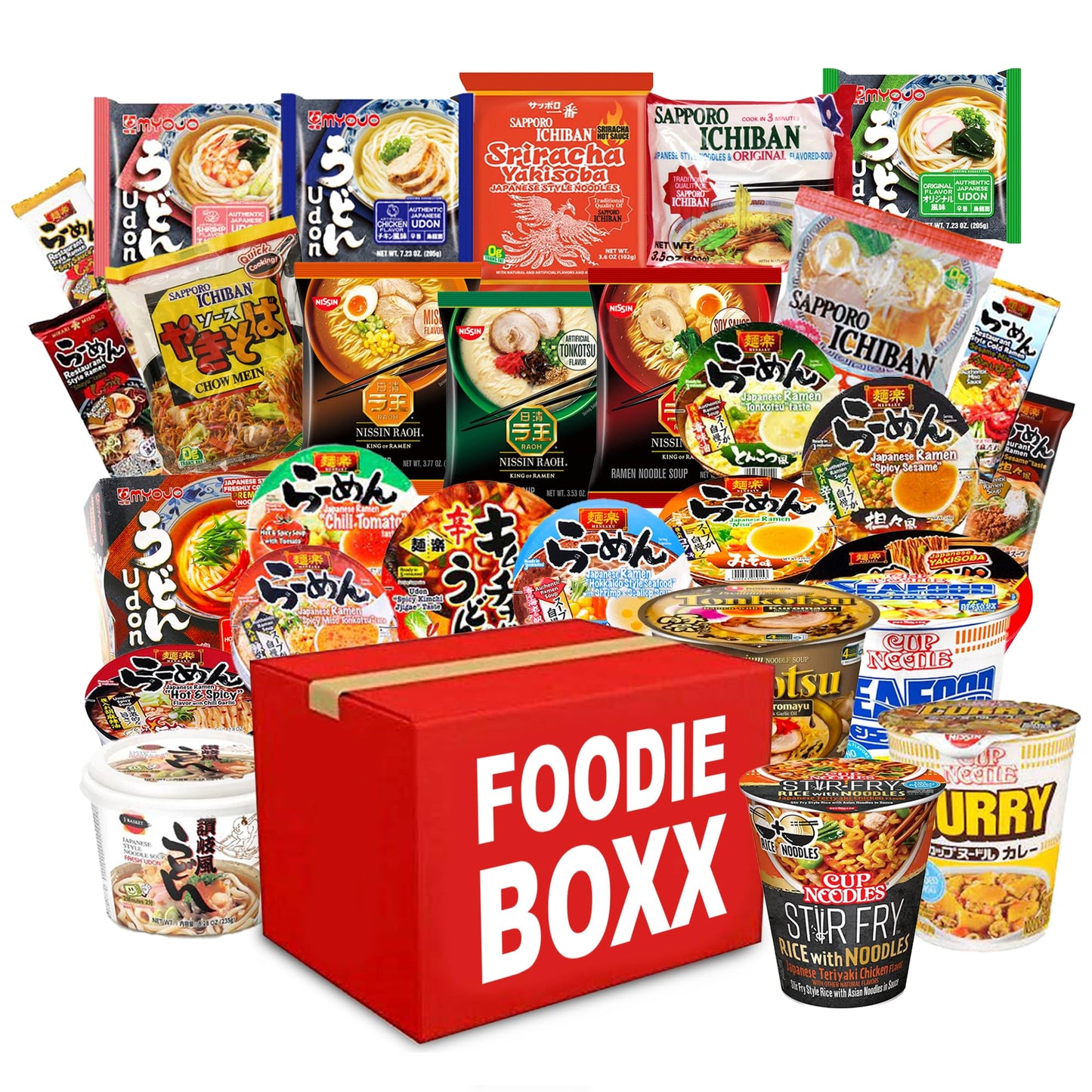 FOODIE BOXX Asian Instant Ramen Noodles Variety Pack with Cookies & Chopsticks (Dry)